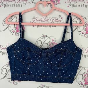 Garage polka dot denim jean crop top bustier style tank top blue white fitted
